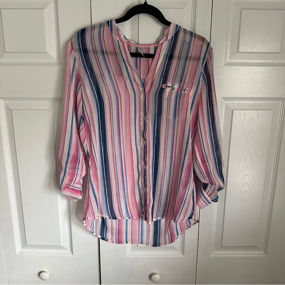 Kut from the Kloth Jasmine Womens Chiffon Blouse L/XL Roll Tab Stripe Boho Sheer - Picture 1 of 11